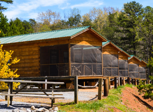Wooden cabins with screened porches, surrounded by trees and a gravel path on a sunny day.