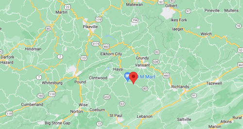 Map showing a location marked as "M Mart" in a rural area of Virginia, surrounded by mountains and roads.