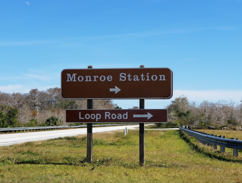 Brown directional sign indicating "Monroe Station" to the right and "Loop Road" to the left, with a clear blue sky.