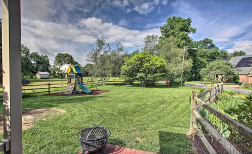 A grassy yard with a playground, trees, and a fire pit, under a partly cloudy sky. Fences line the area.