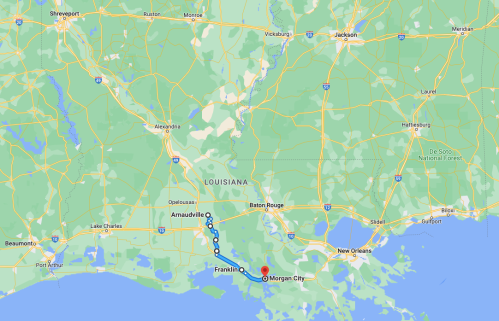 Map of Louisiana highlighting routes between Morgan City, Franklin, and surrounding areas.