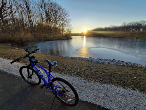 A blue bicycle rests by a frozen lake at sunset, surrounded by trees and a gravel path.