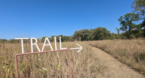 A sign pointing to a trail in a grassy field under a clear blue sky.