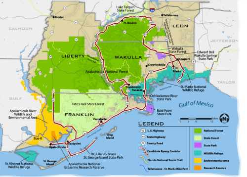 Map of the Apalachicola River region in Florida, highlighting parks, forests, and wildlife refuges along the Gulf Coast.
