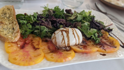 A plate of fresh greens, sliced heirloom tomatoes, a ball of burrata cheese, and a slice of garlic bread.