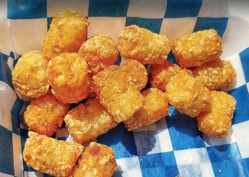 A serving of golden, crispy tater tots on a blue and white checkered paper.
