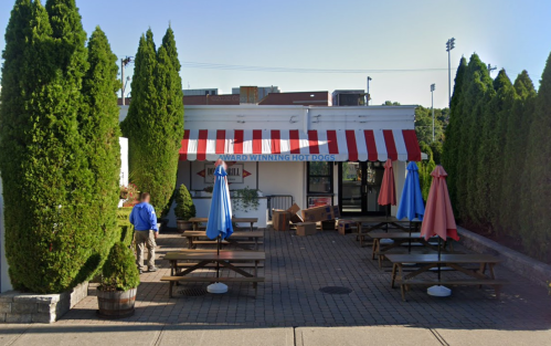 Outdoor seating area of a hot dog restaurant with colorful umbrellas and tall hedges, featuring a striped awning.
