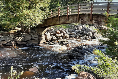 A wooden bridge arches over a rocky stream, surrounded by lush greenery and flowing water.