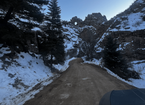 A dirt road winds through snow-covered rocky terrain, flanked by tall pine trees and rugged cliffs.