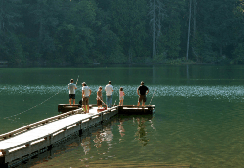 A group of people fishing from a wooden dock by a calm lake surrounded by trees.