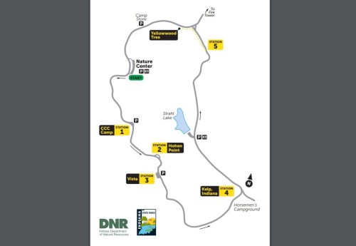 Map of a park featuring trails, stations, and key locations like the Nature Center and campgrounds.