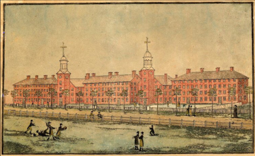 Historic illustration of a large red-brick building with a clock tower, surrounded by trees and people in a grassy area.