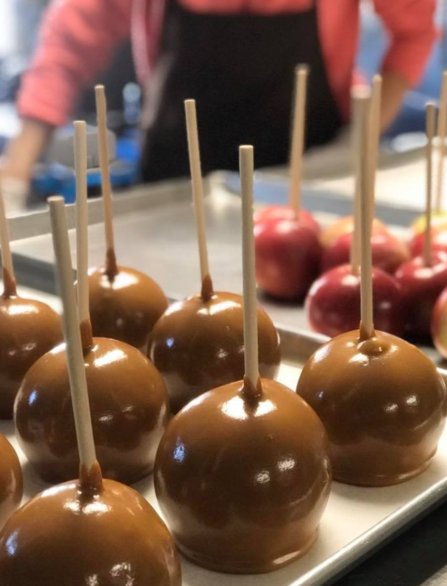 A tray of caramel-coated apples on sticks, with red apples in the background.