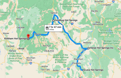 Map showing a route through Idaho connecting Kirkham, Goldbug, Heise, and Lava Hot Springs, with travel time noted.