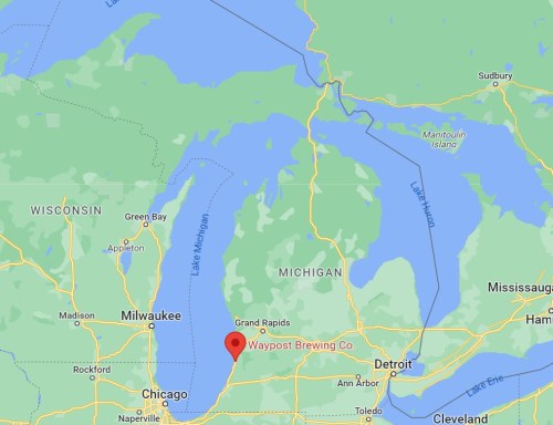 Map showing the location of Waypost Brewing Co. in Michigan, near Lake Michigan and south of Grand Rapids.