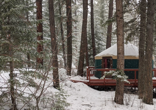 A cozy yurt nestled among snow-covered trees in a winter forest setting.
