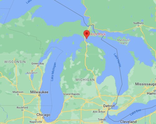 Map showing the location of Arch Rock in Michigan, near Lake Huron and surrounding areas.