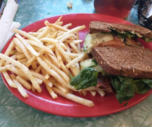 A plate with a sandwich made of brown bread, lettuce, tomato, and pickles, accompanied by a side of French fries.