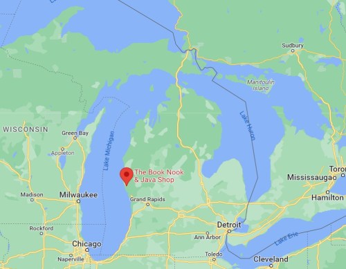 Map showing the location of The Book Nook & Java Shop in Michigan, near Lake Michigan and surrounding cities.