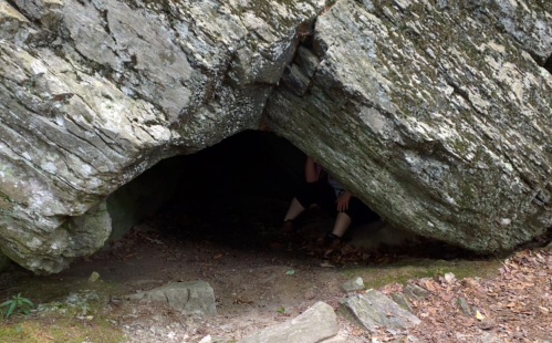 A person partially hidden in a cave-like rock formation surrounded by greenery and stones.