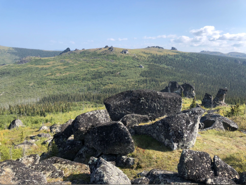 A panoramic view of a rocky landscape with green hills and a clear blue sky in the background.