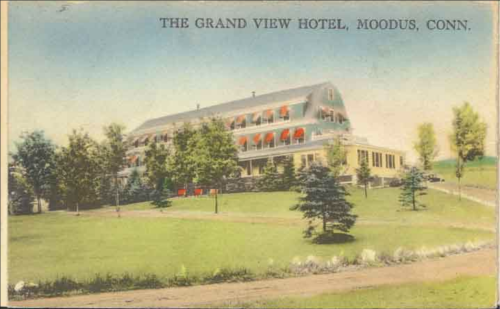 A vintage postcard of the Grand View Hotel in Moodus, Connecticut, featuring a large building and green landscape.