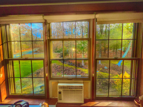 A view through a large window showing a serene outdoor scene with trees and a lawn, illuminated by soft sunlight.