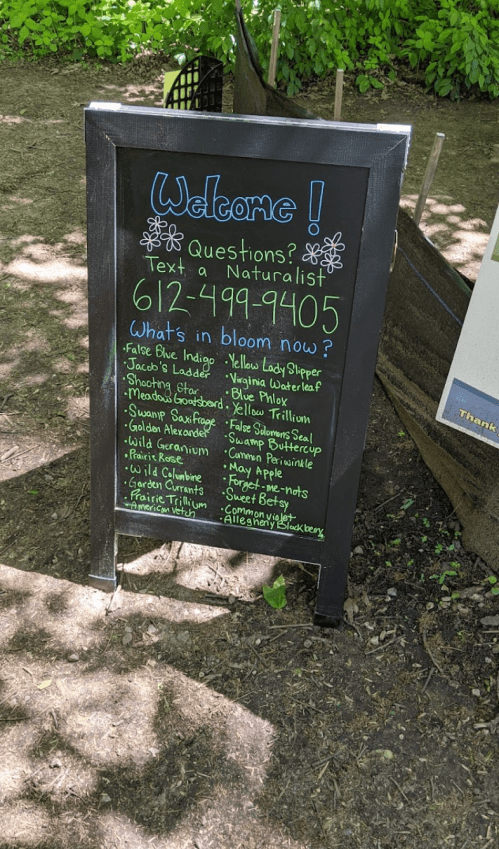 A chalkboard sign welcoming visitors and listing blooming plants, with contact info for questions.