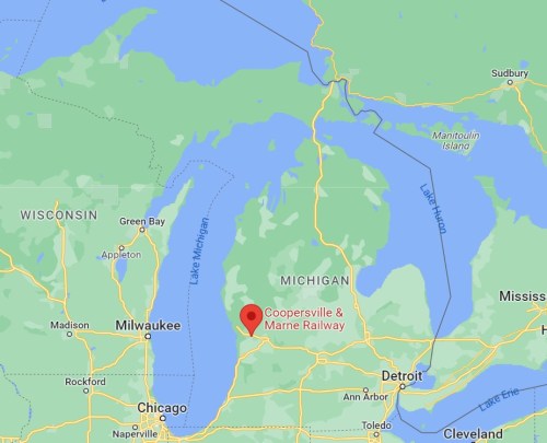 Map showing the location of Coopersville & Marne Railway in Michigan, near Lake Michigan and surrounding states.
