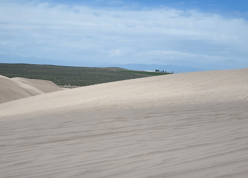A vast sandy landscape with gentle dunes, contrasting with green fields and a blue sky in the background.