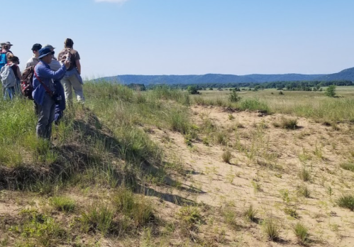 A group of people stands on a grassy hill, overlooking a sandy area and distant hills under a clear blue sky.