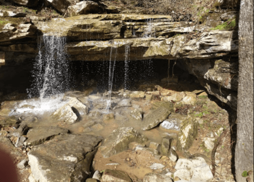 A serene waterfall cascading over rocks into a small pool, surrounded by natural greenery and rugged terrain.