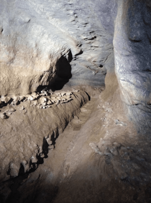 A dimly lit cave interior with rocky walls and a narrow pathway leading deeper into the darkness.