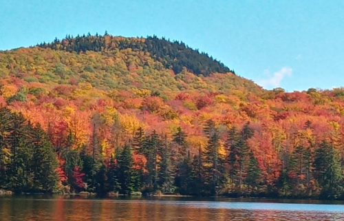 Vibrant autumn foliage covers a hillside, reflecting in a calm lake under a clear blue sky.