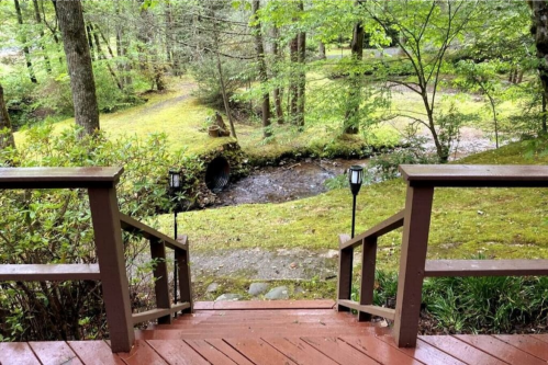 A wooden staircase leads down to a serene, green landscape with a small stream and lush trees.