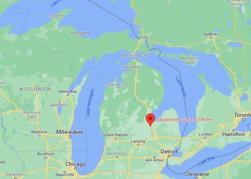 Map showing the location of the Japanese Cultural Center near Detroit, Michigan, with surrounding cities and lakes.