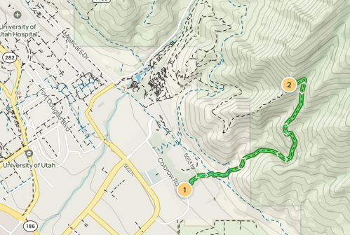 Map showing a hiking trail in Utah, with marked points and surrounding topography.