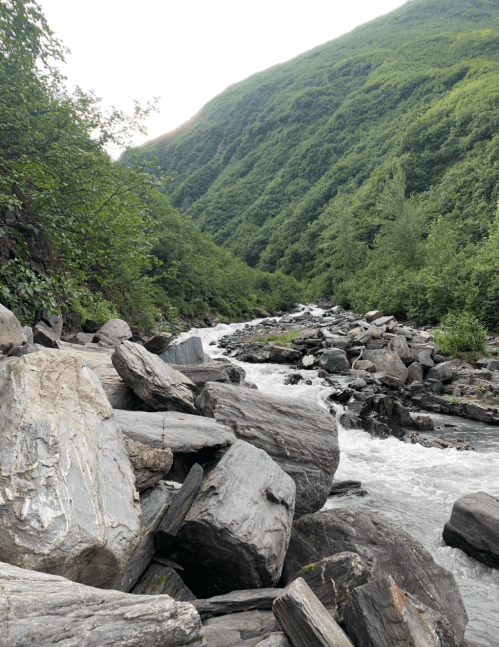 A rocky riverbank with flowing water, surrounded by lush green hills and trees under a cloudy sky.