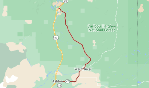 Map showing a route in Caribou-Targhee National Forest, highlighting Warm River and nearby roads.