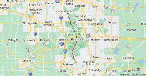 Map showing Cuyahoga Valley National Park and surrounding areas, including nearby cities and highways.