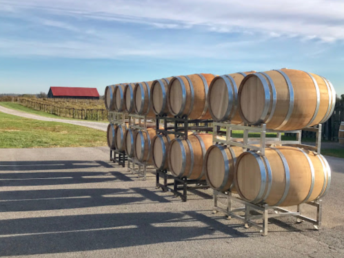 A row of wooden wine barrels on racks, with a vineyard and a red barn in the background under a clear blue sky.