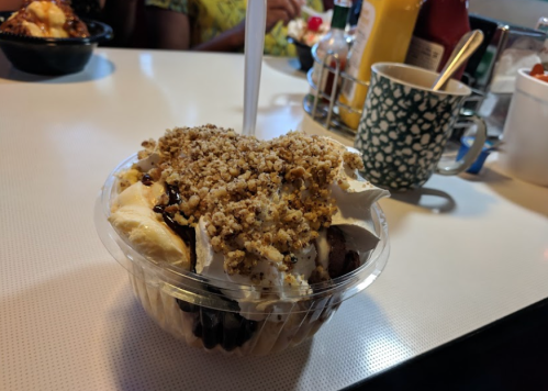 A dessert bowl with ice cream, whipped cream, and crushed nuts, placed on a table with drinks in the background.