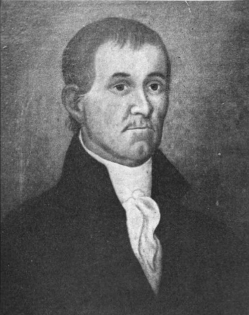 Portrait of a man in 19th-century attire, featuring a serious expression and a dark coat with a white cravat.