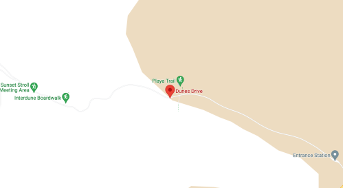 Map showing Dunes Drive location with nearby trails and meeting areas marked.