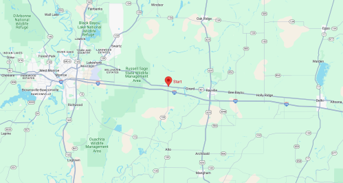 Map showing a location marked as "Start" near Bee Bayou, with surrounding areas and roads in the vicinity.