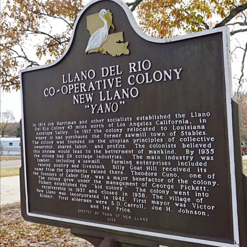 Historical marker for Llano del Rio Cooperative Colony, detailing its establishment, relocation, and key figures in 1914-1938.