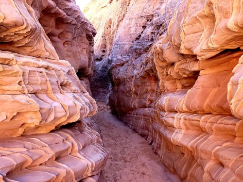 Narrow canyon with smooth, layered rock formations in warm hues of orange and pink.