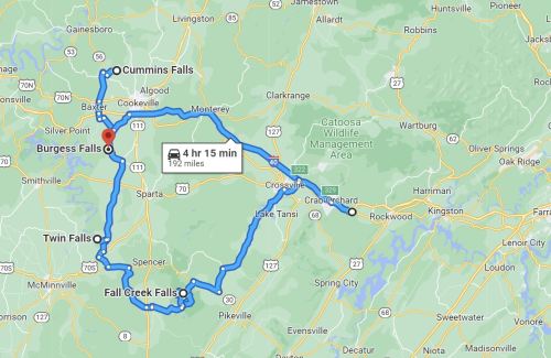 Map showing a route connecting Burgess Falls, Cummins Falls, Twin Falls, and Fall Creek Falls in Tennessee.