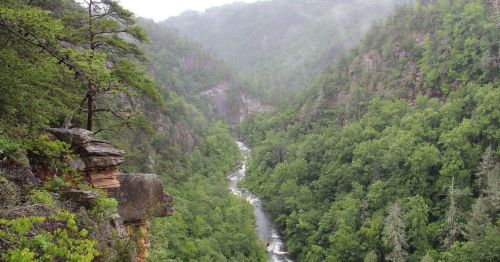 A lush green valley with a winding river, surrounded by steep cliffs and misty mountains in the background.