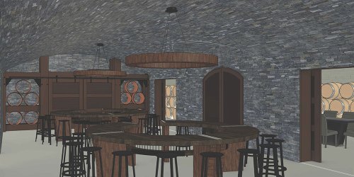Interior of a rustic bar with stone walls, wooden barrels, and circular wooden tables under pendant lighting.